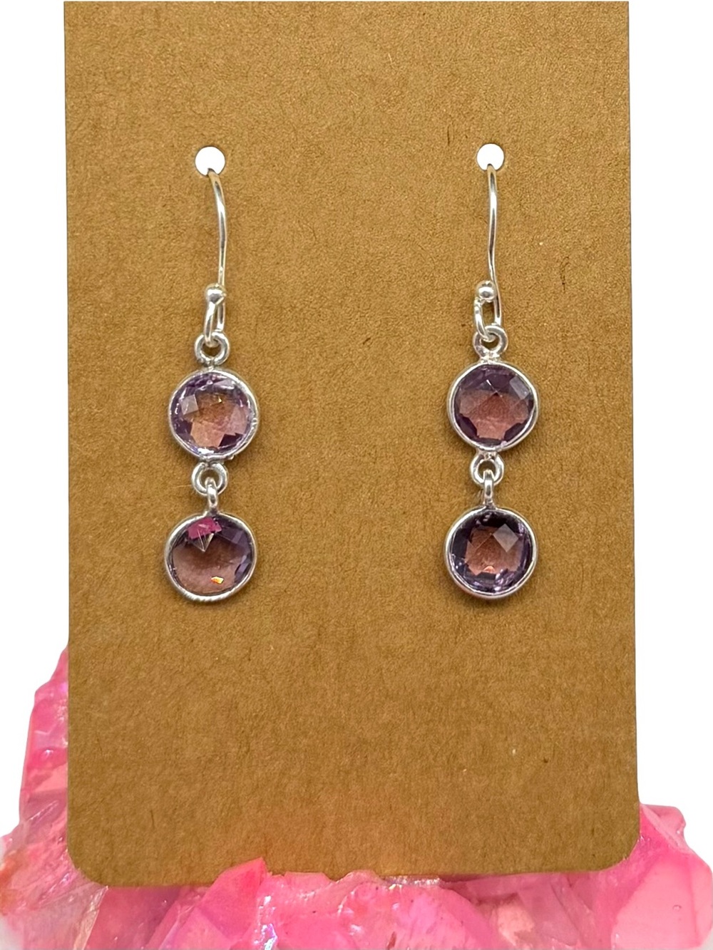 Amethyst Earrings Solid 925 Sterling Silver Faceted Stone Dangle Drop Purple